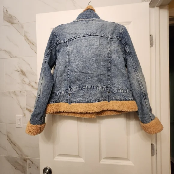 Free People Rylee Cozy Moto Sherpa Faux Fur Denim Jacket Womens - Picture 8 of 9